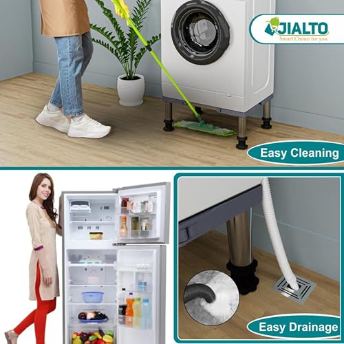 Image of JIALTO Universal Washing Machine Stand 5-12Kg| Washing Machine Trolley | Refrigerator Stand for Fridge | Spirit Level | Anti-Vibration Legs | Rubber Pads Load Capacity 350Kg (Double SS Pipe /Grey)