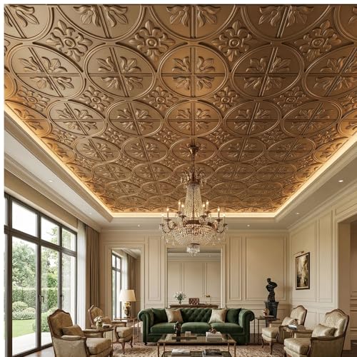 Image of Kayra Decor PVC Ceiling Panel 60x60 cm|Ornamental Floral Panel|Metallic Coffee|12 Tiles Cover 48 Sq Ft| Modern False Ceiling|Royal & Elegant Finish