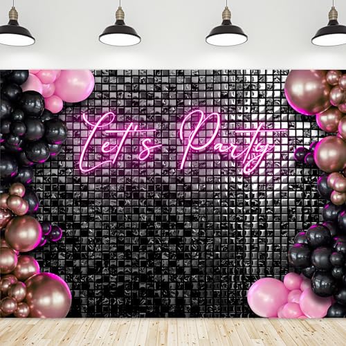 Riyidecor Let's Party Backdrop Modern Disco 80s Black Neon Pink Plaid Checkered Balloons Fashion Shinning Groovy 7Wx5H Feet Girls Photography Background Birthday Photo Studio Shoot Polyester Fabric