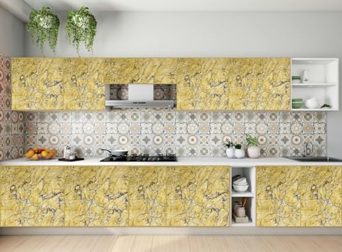 Image of HOME13 Marble Wallpaper Peel and Stick Wallpaper Self-Adhesive Contact Paper Countertop Kitchen Decorative Paper Waterproof Bathroom Removable (12x60 Inch, Yellow Italian Marble Wallpaper)