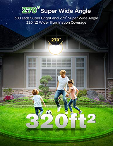 LITOM 300 LED Solar Motion Sensor Lights Outdoor, IP67 Waterproof Solar Powered Security Lights Wireless Solar Wall Lights with 3 Modes for Garden Patio Yard Deck Garage Fence Pool - Cold White 2 Pack