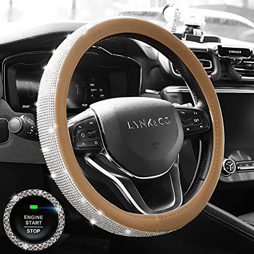 KINGMAS Diamond Leather Steering Wheel Cover for Women Girls, with Crystal Rhinestones, Universal Fit 15 Inch Car Wheel Protector (Anti-Slip) + Car Ignition Starters Ring (Beige)