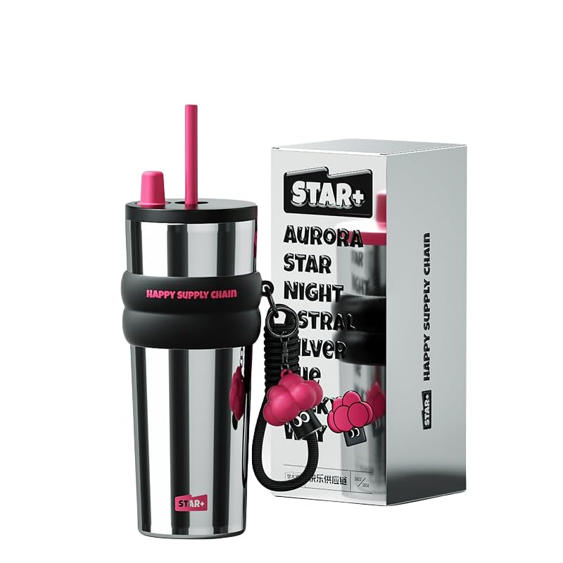 Stilvoller isolierter Becher – große Kapazität, Auto-Kaffee-Begleitbecher mit Strohhalm und Deckel, 316 Edelstahl, perfekt für Damen, Herren und Kinder (Silber)