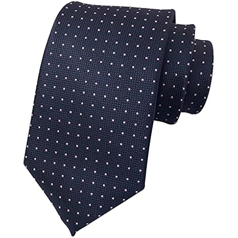 Mens Navy Blue Jacquard Woven Silk Tie Pink Pin Dot Evening Porm Wedding Party Necktie Cover