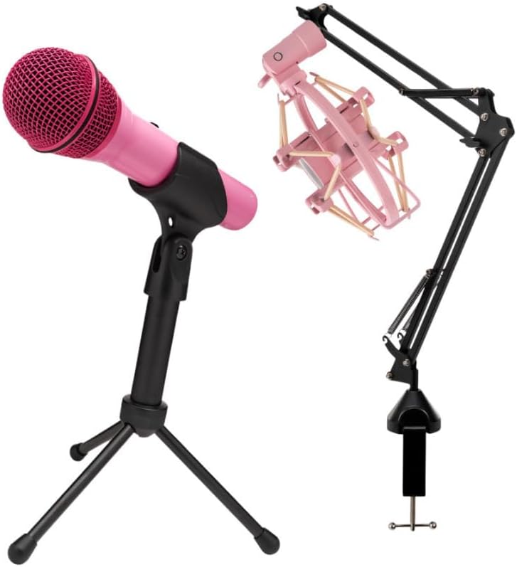 Samson Q2U USB and XLR Handheld Dynamic Microphone with Cardioid Polar Pattern (Pink) Bundle with Shock Mount and Desktop Boom Arm Microphone Stand (3 Items)