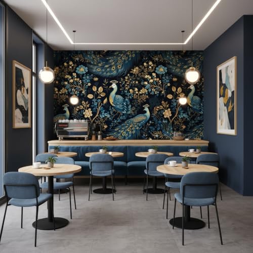 Image of Hotel and Restaurant Blue and Gold Peacock Wallpaper Hotel and Restaurant for wall Stickers Living Room and kidroom Stick Wall Decor|Fantasy Patter Wallpaper for wall Stickers(45 x 300 cm)