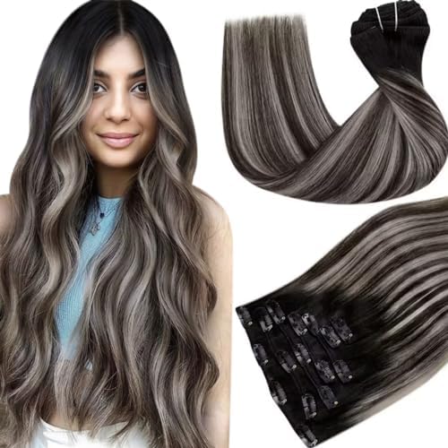 Hetto Ombre Clip in Hair Extensions Real Human Hair Clip on Hair Extensions Balayage Dark Brown to Caramel Blonde #4/27/4 Clip on Human Hair Extensions Straight 16 Inch 120g 7pcs