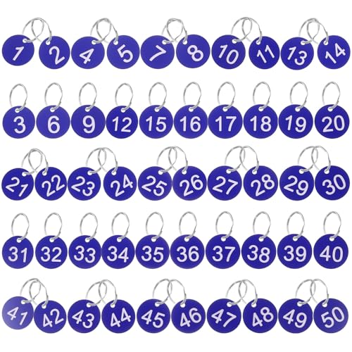Etiquetas de números para evitar pérdidas y desorden, llaveros acrílicos azules con aro, 50 ud
