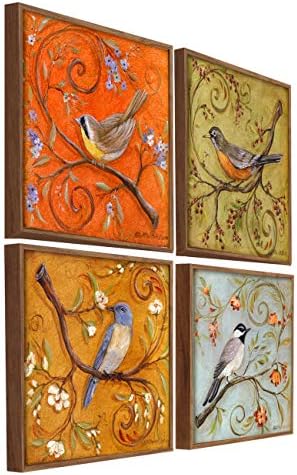 Painting Mantra Bird Framed Painting Set of 4 Framed Canvas Painting Art Print - 13x13 Inchs