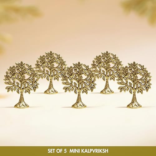 Image of BEHOMA 100% Pure Brass Kalpvriksh Tree with - Set of 5, 8.5 cm | Vastu Brass Tree of Life figurine showpiece - as a collectible display accent (Set of 5, 8.5 cm)
