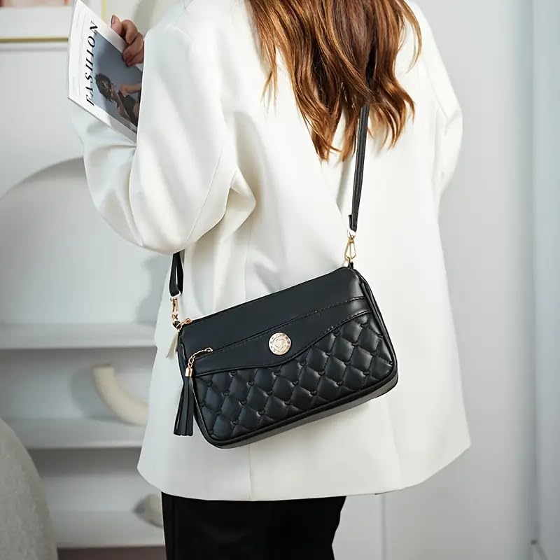 Image of SHAMRIZ Korean Style Quilted Sling Bag for Girls | Cute Heart Pattern Crossbody Purse with 3 Zipper Compartments | Fancy Tassel Side Bag for Party, Wedding & Gifts | Mini Slingbag /One Side Bag