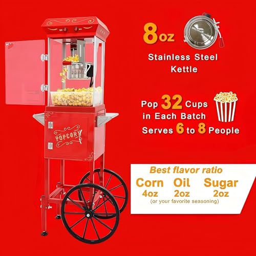Image of Popcorn Machine with Cart & Wheels 8OZ - Pop corn Machine Maker with Stainless Steel Kettle, Popcorn Maker Machine for Home, Theater Style, Parties, Christmas, Outdoor Use,School, Red