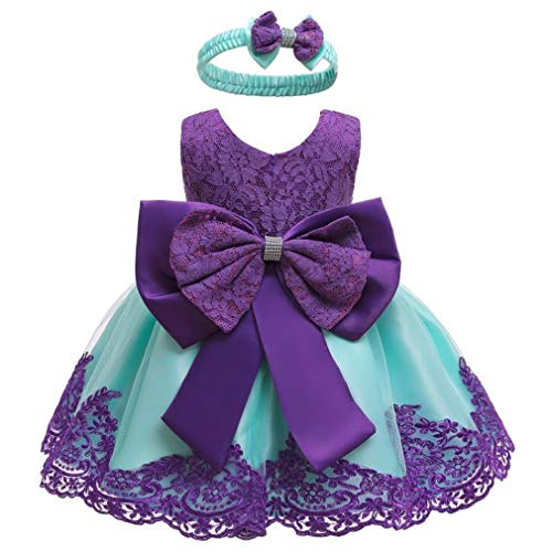 Baby Dress Bowknot Flower Dresses Lace Pageant Party Wedding Flower Girl Tutu Gown (Purple, 18-24 Months)