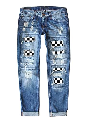 EVALESS Ripped Jeans for Women Plaid Patch Boyfriend Skinny Distressed Denim Jean Pants