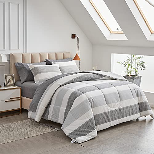 Joyreap 3Pcs Premium Cotton Comforter Set, Gray Stripes Printed On White, Fluffy Cozy Bedding Comforter For All Season (Full/Queen, 88X 88 Inches) #TOP1