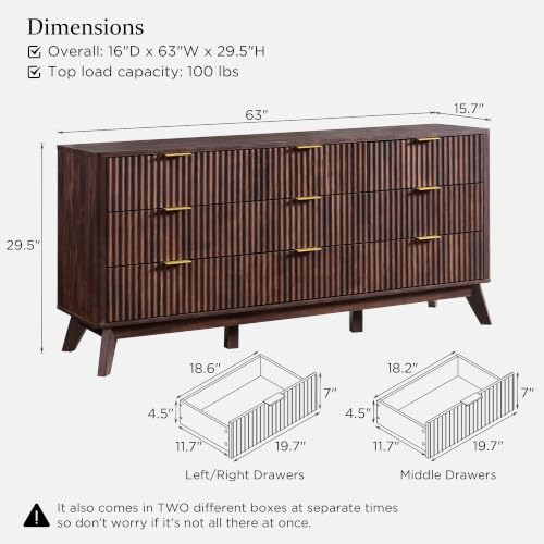 Image of T4TREAM 63 inch Wide Fluted 9 Drawer Dresser for Bedroom, Dark Walnut