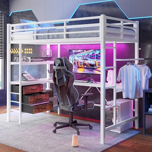 Lit mezzanine enfant en Fer 90x200 avec éclairages LED,bureau,prise + USB, 3 tiroirs,étagères,tringle à vêtements,lit superposé avec garde-corps,Cadre de...