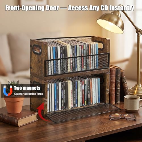 Image of PUTNATRURE CD Storage Box, Hold 38 CD Cases, Stackable Music Tower with Magnetic Opening Door for Easy Access, Desktop Disc Organizer for Home and Office