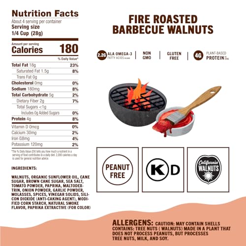 Image of Go a Little Nuts Fire Roasted Barbecue Walnuts, 4 oz Snack Pack (Pack of 6) Tangy and Sweet, Plant Protein, Non-GMO, Peanut Free, Gluten-Free Healthy Snack for Kids and Adults