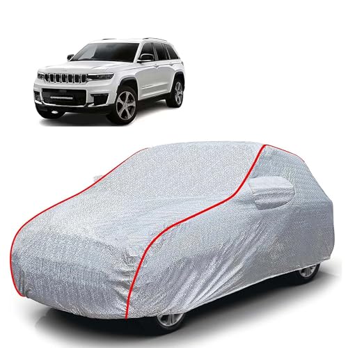 Image of Sulfar 100% Waterproof Car Body Cover Compatible with Mirror for Jeep Grand Cherokee (Triple Stitched, Full Bottom Elastic, Magic Silver with Red Piping)