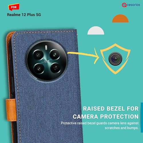 Image of Accesorios Realme 12 Plus 5G Flip Back Cover Case | Denim Fabric | Eco-Friendly Leather | Magnetic Closure | Shockproof Stylish Mobile Flip Cover for Realme 12 Plus 5G (Blue)