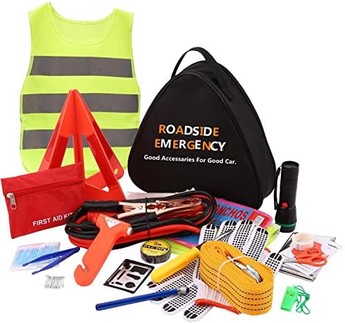 Sailnovo Car Emergency Kit - Multipurpose 76 Pieces Emergency Kit with Jumper Cables, Tow Rope(10ft), Reflective Triangles, Car Kit for Women and Men, Auto Safety Roadside Assistance Car kit