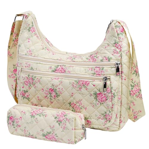 2-Piece Set Women's Small Floral Quilted Crossbody Bag and Tote, Multi-Pocket Shoulder Handbags for Everyday Use, Travel