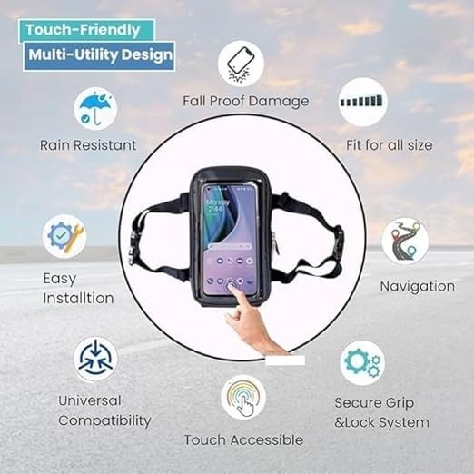 Image of Polyester Handlebar Universal Mobile Holder Mount Pouch Bag Waterproof for Activa Jupiter EV Ola-S1 Pleasure Ntroq All Scooter Scooty Bike Fit 7 Inches Phone (Black)