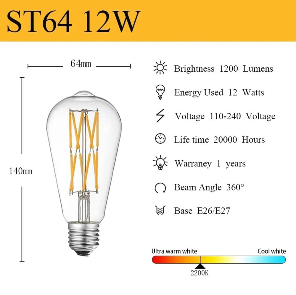 1fortunate Paquete de 5, bombillas LED Vintage de filamento Edison AC220V E27 ST64 12W/16W lámpara de vidrio transparente 2200K(ST64 16W)
