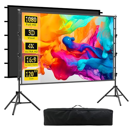 Outdoor Projector Screen with Stand, 120 inch Indoor Movie Screen 16:9 4K Rear Front Portable Projection Screen, Quick Setup Foldable Travel Home Theater Screen with Carry Bag for Backyard Camping by ULAYKDE - Used condition - US$51.42