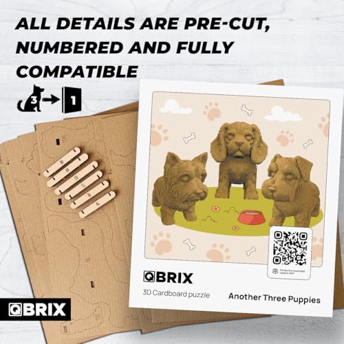 Image of QBRIX Another 3 Puppies 3D Puzzle for Adults, DIY Craft Kit for Home Decor, 3D Model Kit for Teens 14+, Creative and Original Gift for Craftlovers, Cardboard Model Building Kit