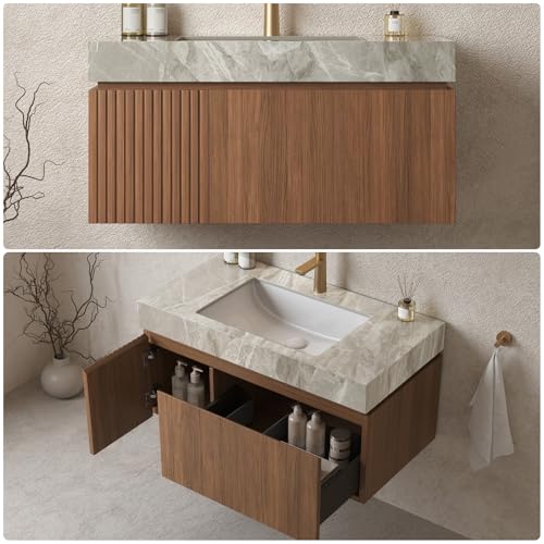 Image of 36 inch Bathroom Vanity with Sink, Wall-Mounted Plywood Bathroom Storage Cabinet with Ceramic Basin & Sintered Stone Countertop, Modern Pre-Assembled Floating Vanity with Drawer & Door, Brown Oak