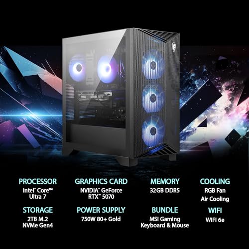 Image of msi Aegis R2 AI Gaming Desktop: Intel Core Ultra 7 265, GeForce RTX 5070, 32GB DDR5, 2TB M.2 NVMe SSD, ARGB Fan Air Cooling, USB Type C, VR-Ready, Windows 11 Home: C2NVP7-2070US