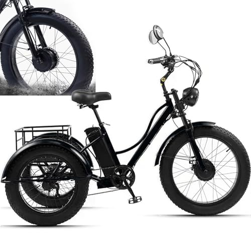 24'' Electric Tricycle for Adult -7 Speeds,3 Wheel Electric Trike with Large Basket,Fat Tyres Electric Cargo Tricycle for Senior, 48V15Ah Removable Battery - 65km Range,LCD-Display + Headlight Black