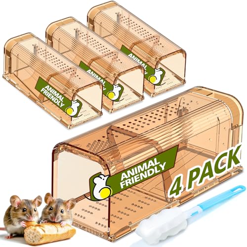 TAKRINK 4 Pack Mouse Traps No Kill Hmane Mouse Traps Indoor for Home Catch and Release Reusable with Cleaning Brush Small Mice Traps for Mice/Rodent
