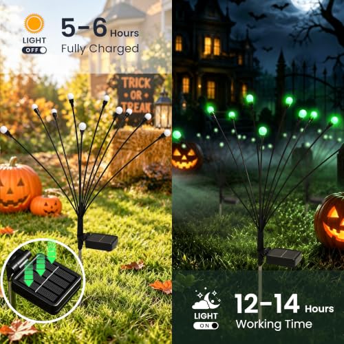 Image of Solar Halloween Lights(4Pack 40LED), Green Outdoor Halloween Decor | Scary Swaying Firefly Lights Waterproof for Garden Decor, 2 Lighting Mode, Auto On /Off, Yard Solar Lights Gardening Gifts