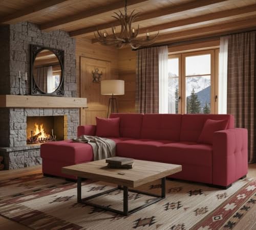 Divano Letto con penisola Fernando, Divano ad Angolo Reversibile, Sofà Contenitore da Soggiorno con Chaise Longue e 2 Cuscini, 230x150h81 cm, Rosso