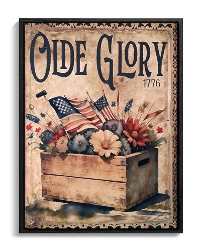 Image of American Flag Framed Canvas Wall Art, 4th of July Floral Canvas Prints, 1776 American Flag Patriotic Decorations, Vintage Independence Day Wall Decor for Bedroom Living Room Dining Room Office 6x8