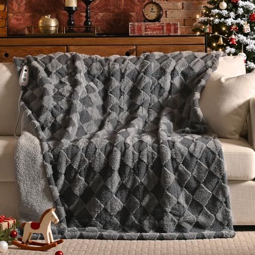 Image of Bearhug Heated Blanket Throw 50 inch x 60 inch Electric Blanket, Reversible Brown Plaid Sherpa Heating Blanket, 6-Heat Levels & 4H Auto Off, ETL, Machine Washable
