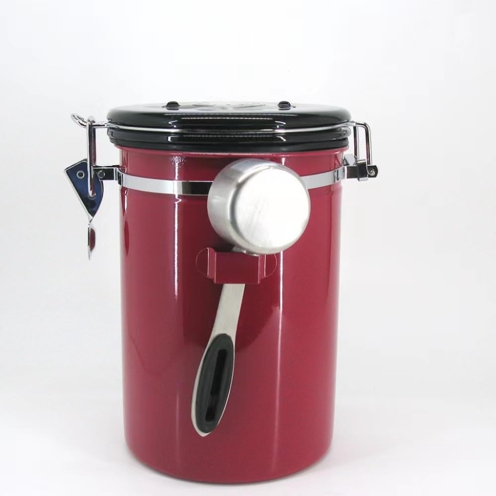 Kaffeedose luftdichter Edelstahl-Küchen-Frischhaltebehälter mit Datumsverfolgungslöffel für Okara-Tee 1,5 l 1,8 l (Farbe: Rot 1,8 l Löffel)