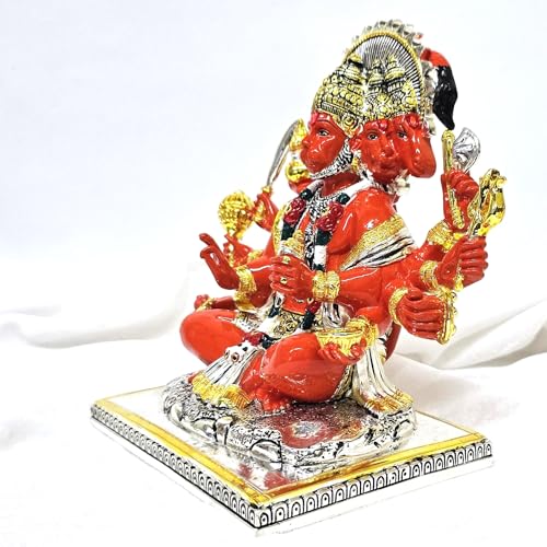 Image of Gold Art India Gold and Silver Plated Panchmukhi Hanuman Idol | Bajrang Bali Murti for Mandir | with Enamel Work Showpiece Figurine for Home Temple, Gifting(13L x 18W x 23H cm)(Silver Orange)