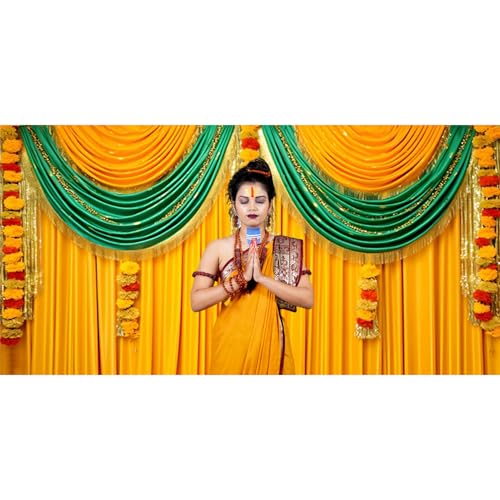 Image of 20x10ft Indian Traditional Backdrop Photography Yellow Green Curtain Wreath Photography Background Indian Festival Decors Wedding Banner Bridal Shower Decors for Couple Bride Studio Props
