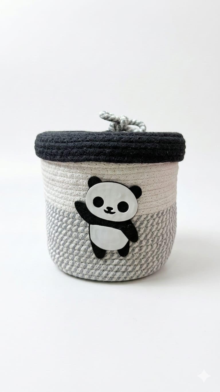 BUNAII Jute Cotton Basket For Storage Toys,Basket With Lid Handwoven Natural Foldable Laundry Hamper for Home, Office, Living Room Size 7x7 inch (Cute Panda)-image-10