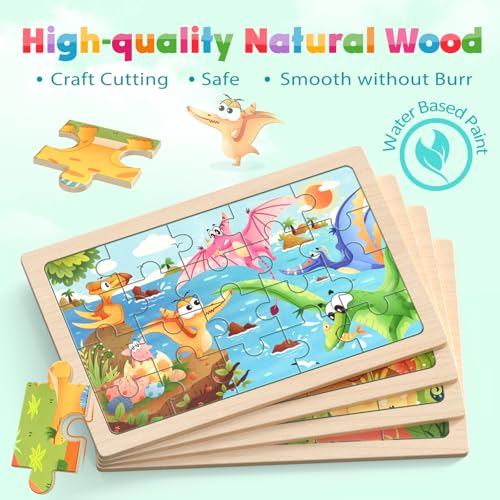 Image of Zeoddler Wooden Puzzles for Kids 3-5, 4 Pack Dinosaur Jigsaw Puzzles for Toddlers, 20 Pieces Preschool Learning Activities, Learning & Educational Puzzles, Gift for Boys, Girls