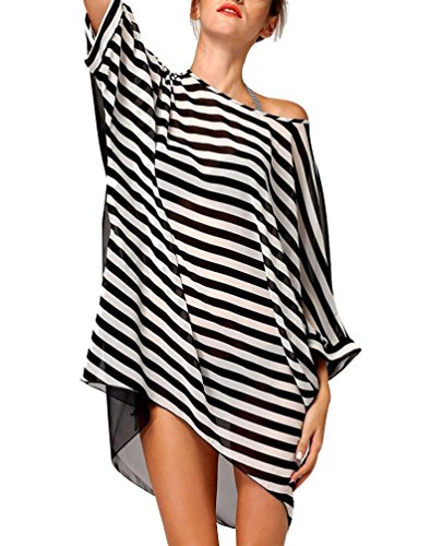 Chalier Womens Striped Chiffon Swimwear Bikini Swim Beachwear Swimsuit Cover Up