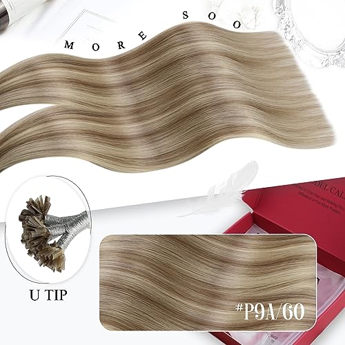 Moresoo U Tip Hair Extensions Real Human Hair Highlights 24 Inch Hot Fusion Invisible Pre Bonded Hair Extensions Light Brown with Platinum Blonde 50g 50s/Pack #P9A/60 - Image 2
