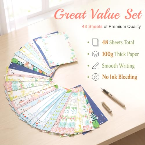 Image of HASTHIP 48 Pcs Letter Writing Paper - 6 Style A4 Project Papers with European Retro Borders, Double Sided Decorative Letter Sheets for Invitations Projects, Assignments, Holiday homework