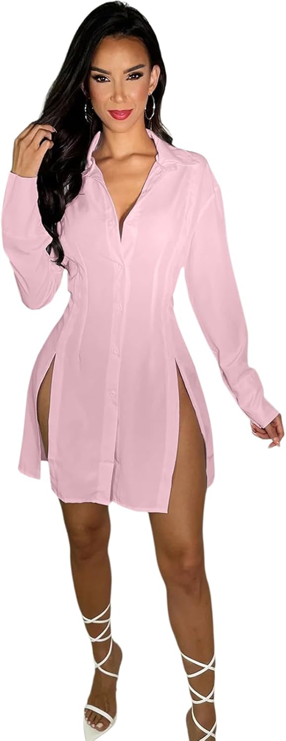 Shirt Dress for Women Sexy Button Down Date Night Dresses Ruched Slit Stand Collar Long Sleeve Blouses - Image 2