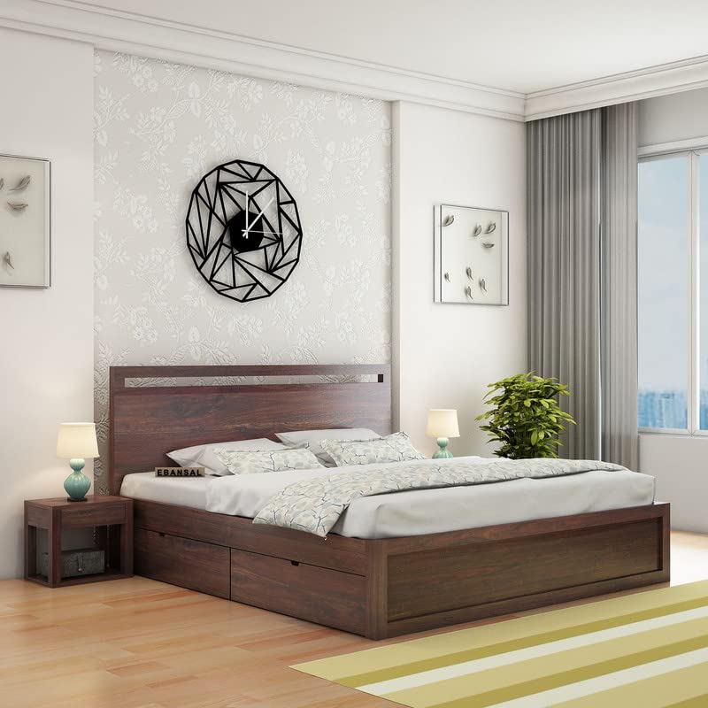 Image of Solid Wood Queen Size Bed for Bedroom | Wooden Furniture Crafted from Premium Sheesham Wood | Elegant Bedroom Double Bed with 4 Drawer Storage | Walnut Finish (80.5X62.5X15 Inches)