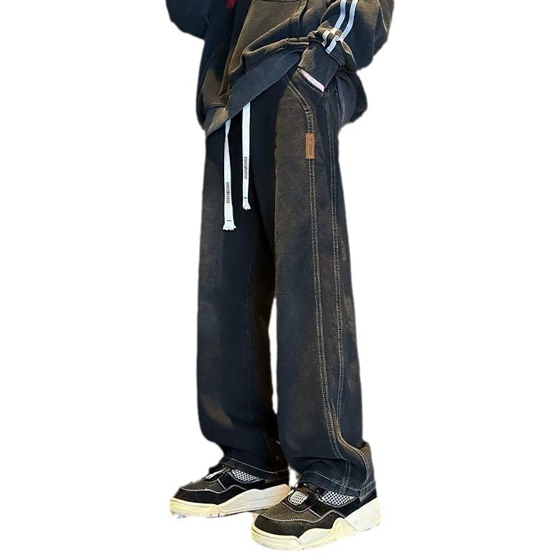 Men's Casual Jeans Baggy Y2K Drawstring Elastic Waist Straight Leg Denim Pants Hip Hop Streetwear for Men